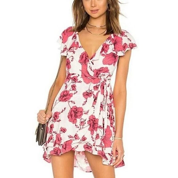 Free People French Quarter Pink Floral Wrap Mini Dress XS - Picture 1 of 5